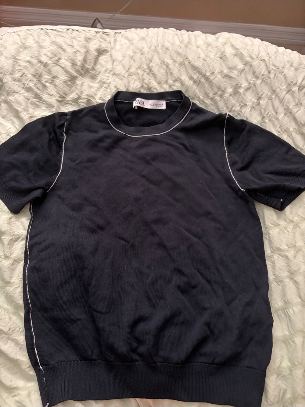 Zara women’s Short-Sleeve Navy Crewneck Sweater